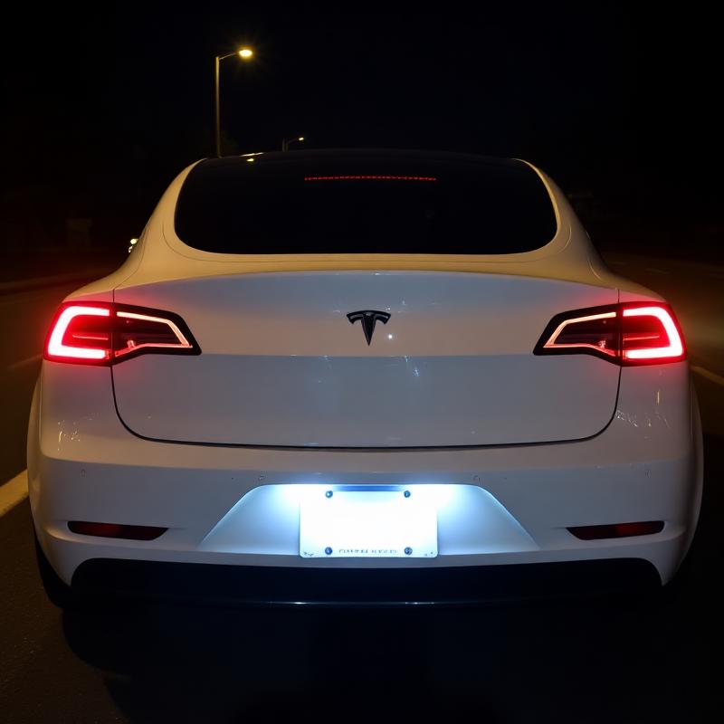 Flash photo review of a Tesla Model 3 with a blown out license plate